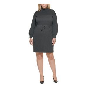 CALVIN KLEIN Womens Gray Tie Long Sleeve Above The Knee Sheath Dress Plus 2X